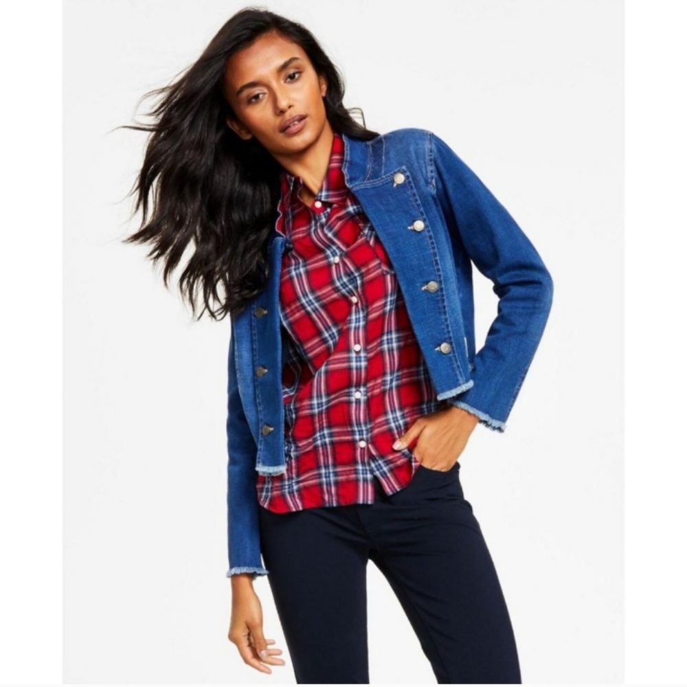 NEW Tommy Hilfiger Women's Medium Denim Fray Raw Hem Button Blue/Red Jacket